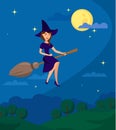 Young Witch Flying to Coven Flat Illustration