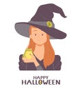 Young witch in a hat holding a toad. Happy Halloween. Avatar on white background. Vector illustration in cartoon style.