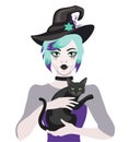 Young witch wearing typical witch hat holding a black cat. Cute Halloween girl. Makeup and witch costume. Halloween Royalty Free Stock Photo