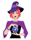 Young witch wearing typical witch hat with a magic sphere. Cute Halloween girl. Halloween, magical, mystic illustration Royalty Free Stock Photo