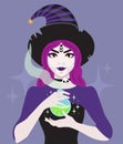 Young witch wearing typical witch hat with a potion in hand. Cute Halloween girl. Halloween, magical, mystic Royalty Free Stock Photo