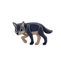 Young wolf cub is looking for prey. Cartoon character of a dangerous mammal animal. A wild forest creature with dark fur