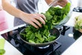 Young woman adding chards into frying pan. Royalty Free Stock Photo