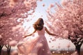 Young woman admiring field of blooming cherry blossoms in springtime. Generative AI