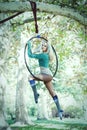 Woman aerial hoop dance in forest Royalty Free Stock Photo
