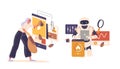 Young woman and AI chatbot testing software functionality, searching malware and debugging