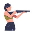 Young woman aiming at target with rifle. Woman athlete shooter holding gun and training in tactical shooting cartoon
