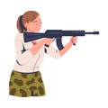 Young woman aiming at target with rifle. Woman practicing in tactical shooting cartoon vector illustration