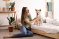 Young woman and Akita Inu dog in bedroom