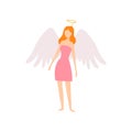 Young Woman in Angel Costume with Wings and Halo, Masquerade Ball, Carnival Party Design Element Vector Illustration