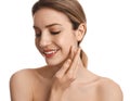 Young woman applying facial cream on white Royalty Free Stock Photo