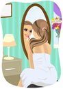 Young woman applying lipstick looking at mirror in bedroom Royalty Free Stock Photo