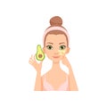 Young woman applying natural avocado mask, girl caring for her face and skin, facial treatment procedure vector Royalty Free Stock Photo