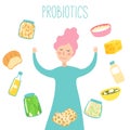 Young woman around probiotic foods. The best probiotic foods for a healthful diet Flat style