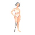 Young Woman with Artificial Leg dressed in a swimsuit. Body positive Watercolor illustration. All bodies is beautiful