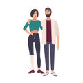 Young woman with artificial limb standing with her boyfriend or romantic partner. Female character with leg prosthesis