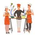 Young Woman as Chef Master Training Newcomer Preparing Food at Restaurant Kitchen Vector Illustration