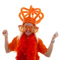 Young woman as Dutch orange supporter with crown