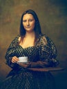 Young woman as Mona Lisa on dark background. Retro style, comparison of eras concept.