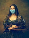 Young woman as Mona Lisa on dark background. Retro style, comparison of eras concept.