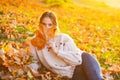 Young woman with autumn leaves in hand and fall yellow maple. Flirty girl dreamy posing. Beauty of eyes.