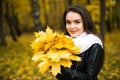 Young woman with autumn leaves in hand and fall yellow maple garden Royalty Free Stock Photo