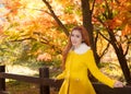 Young woman with autumn leaves in maple garden. Royalty Free Stock Photo