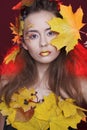 Young woman with autumn make up and leaves on head Royalty Free Stock Photo