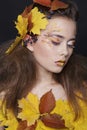 Young woman with autumn make up and leaves on head Royalty Free Stock Photo