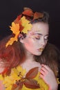 Young woman with autumn make up and leaves on head and her body Royalty Free Stock Photo