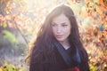 young woman autumn portrait in warm clothes outdoor natural light