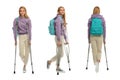 Young woman with axillary crutches on white background, collage