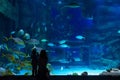 Young woman with baby watch a fish in aquarium