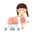 Young woman with the baby in wheeling strollers