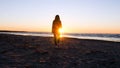 A young woman on the background of the sunset the sun on the seashore does exercises exercised by running, stretching and slumping Royalty Free Stock Photo