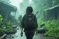 Young woman with backpack hiking in the jungle. Hiking concept. Royalty Free Stock Photo