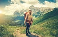 Young Woman with backpack hiking Travel Lifestyle