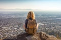 young woman with backpack on a mountain view american urban life Generative AI