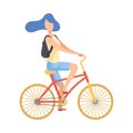 Young Woman with Backpack Riding Bicycle, Cycling Girl Exercising, Relaxing or Going to Work Vector Illustration