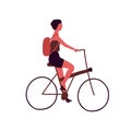 Young woman with backpack riding bicycle flat vector illustration. Student with rucksack at urban vehicle. Female