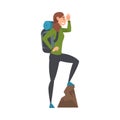 Young Woman with Backpack Standing on Top of the Mountain and Looking into the Distance, Vector Illustration Royalty Free Stock Photo