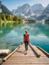 Young woman with backpack standing on wooden pier on lake in Dolomites, Italy Royalty Free Stock Photo