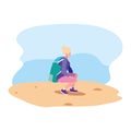 young woman with backpack walking sand