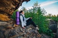 Young woman backpacker enjoy the view at mountain peak Royalty Free Stock Photo