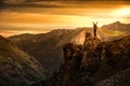 Young Woman Backpacker in Victory Pose with raised up arms on to Royalty Free Stock Photo