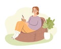 Young woman in bag chair studying. Student girl writing in notebook, journaling. Hygge home atmosphere. Flat vector