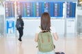 Young woman with bag and luggage looking to flight time information board in international airport, before check in. Travel,