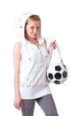 Young woman with a bag shaped like a soccer ball Royalty Free Stock Photo