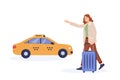 Young woman with baggage go to taxi stop. Girl with suitcase catches taxi. City transport, transfer for tourists. Yellow