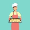 Young woman baking chocolate chip cookies vector illustration. Pastry chef preparing cookies for bakery shop. Housewife holding tr